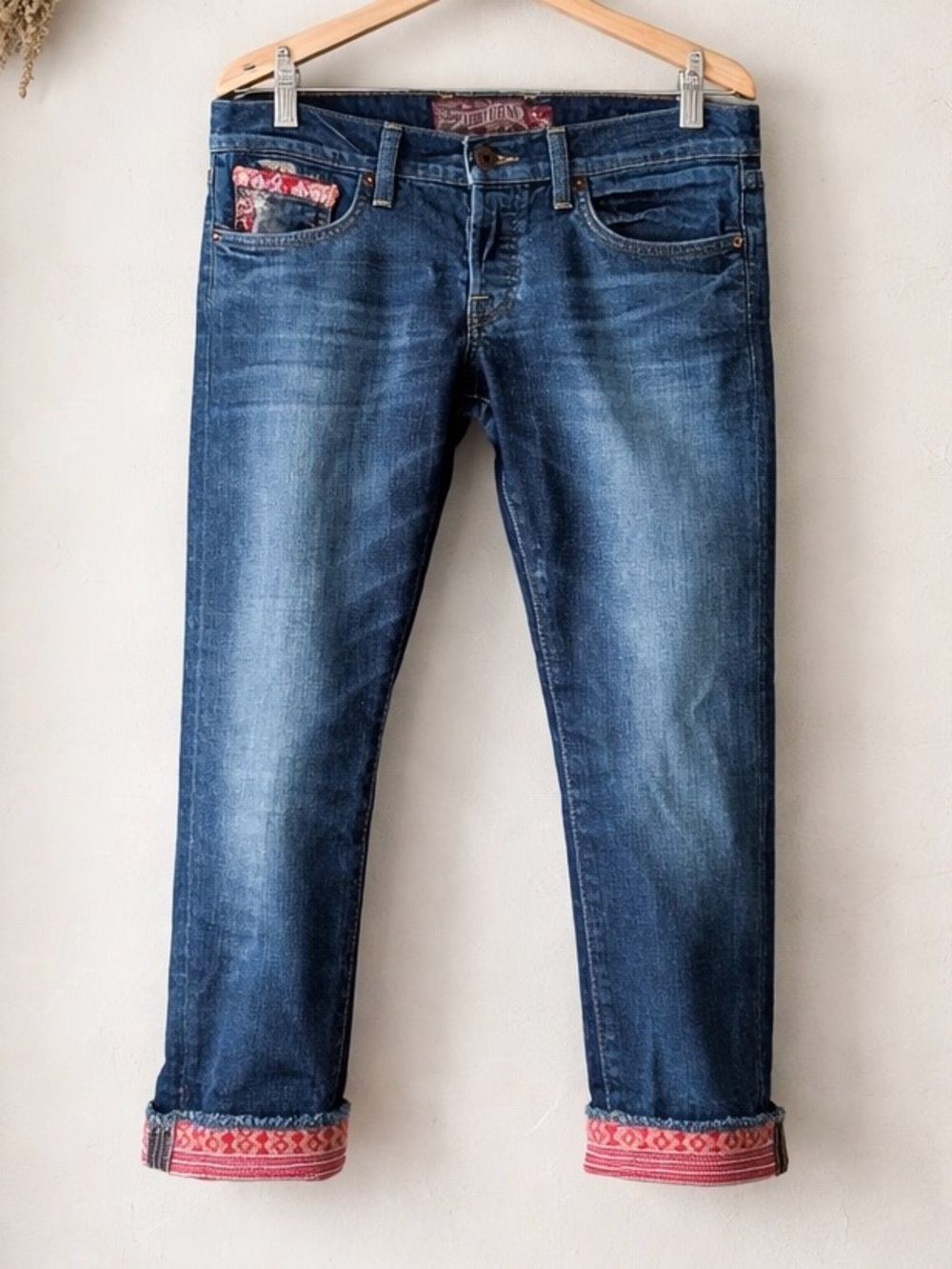 Lucky Brand Dark Blue Cropped Jeans with Red Patterned Cuff Size 6